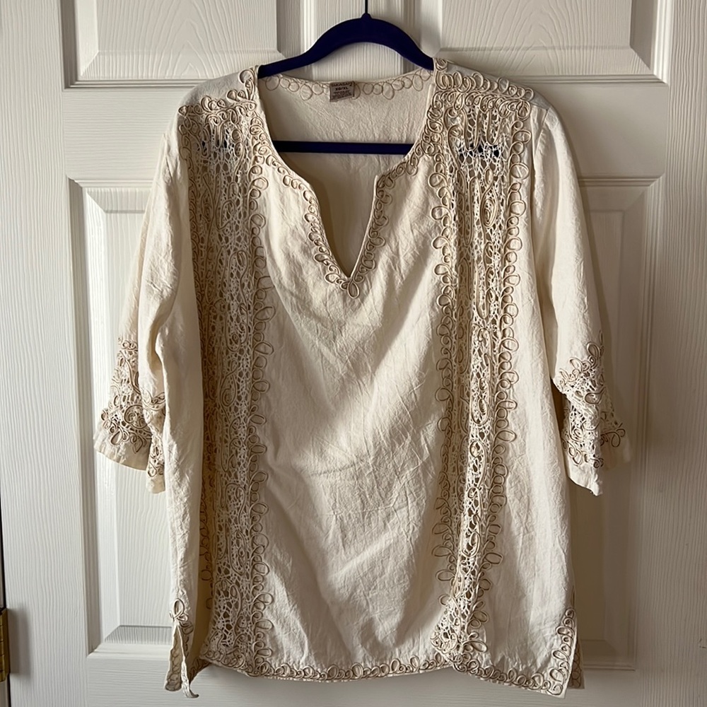 Takasami Vneck Cotton Boho Tunic Lace in Cream, Sz XL‎